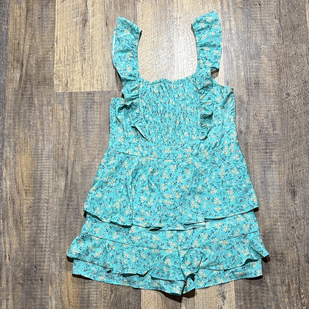 Floral Ruffle Romper in Teal